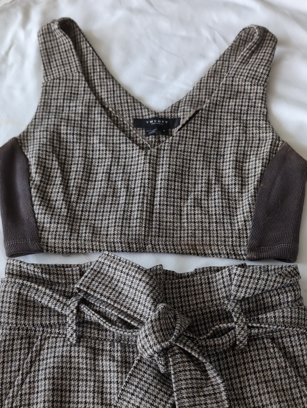 Tweed Houndstooth Crop Top and High-Waist Pants Set - Brown/Black Houndstooth